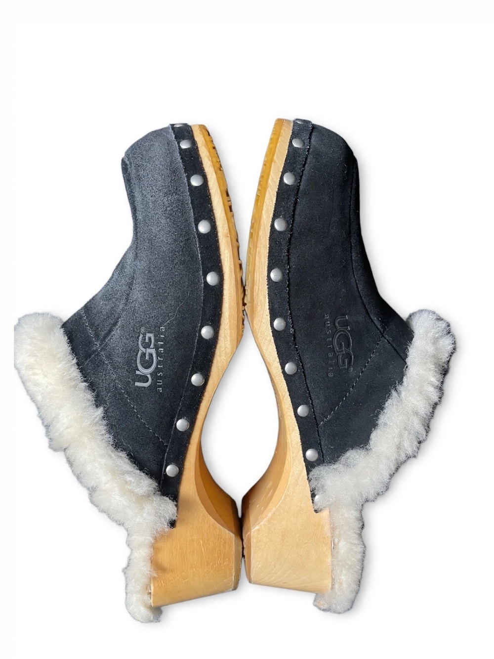 UGG Black Suede Shearling Clog Mules with Wood-Look Sole